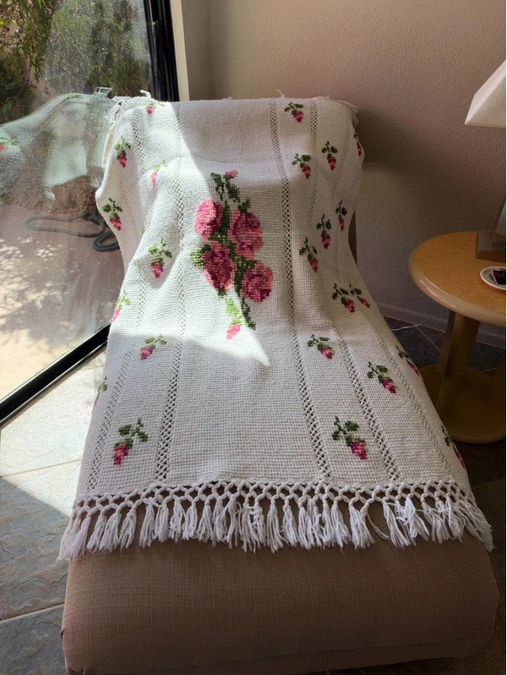 White Rose Crocheted Afghan Blanket Cross Stitch Rose Fringe 46x56